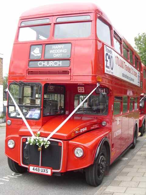 The Routemaster outside a north London Church, as part of a 2 bus Wedding hire.